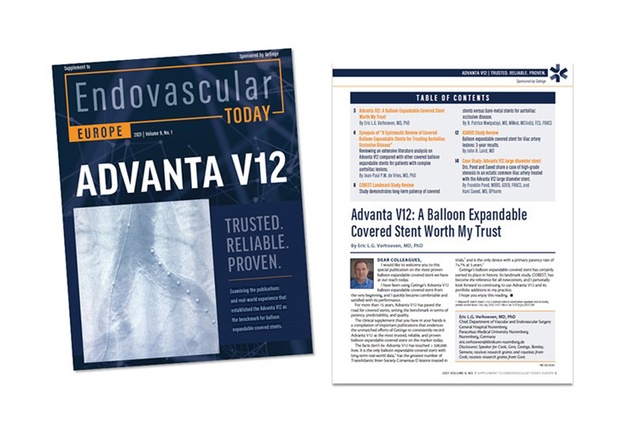 Magazincover und Artikelseite für „Endovascular Today“ mit dem Advanta V12-Stent und einem Inhaltsverzeichnis.