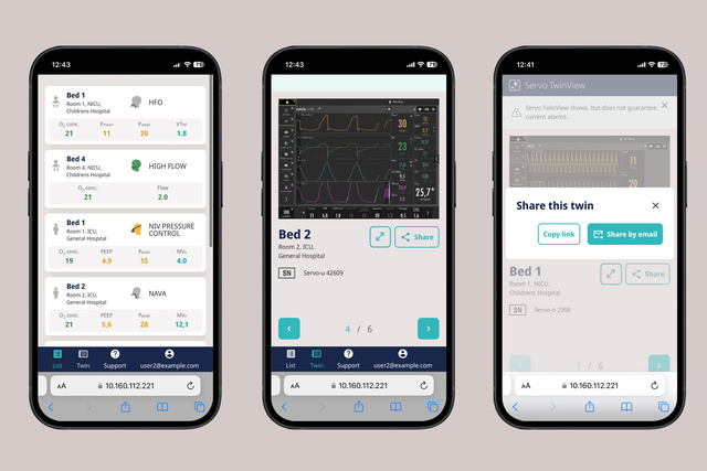 Mobile phone screens displaying Servo ventilator TwinView remote virtual twin app 