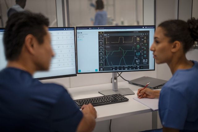 Intensive care clinician viewing Servo TwinView remote real-time data on screens outside the ICU