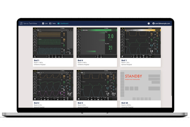 Laptop screen displaying Servo ventilator Dashboard View of remote virtual TwinView app 