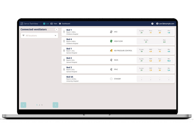 Laptop screen displaying Servo ventilator List View of remote virtual TwinView app 