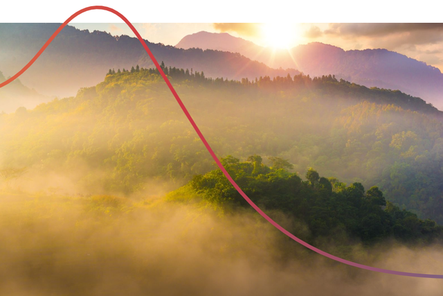 Sunrise over misty mountains with a red graph line overlaying the image.
