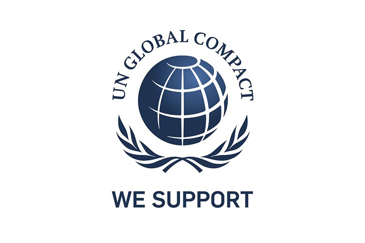 Logo with a globe, text reads UN Global Compact We Support on a white background.