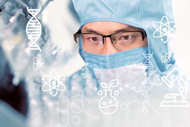 A focused scientist in blue protective gear examines samples. Overlay icons of DNA, microscopes, atoms suggest research, science, and innovation themes.
