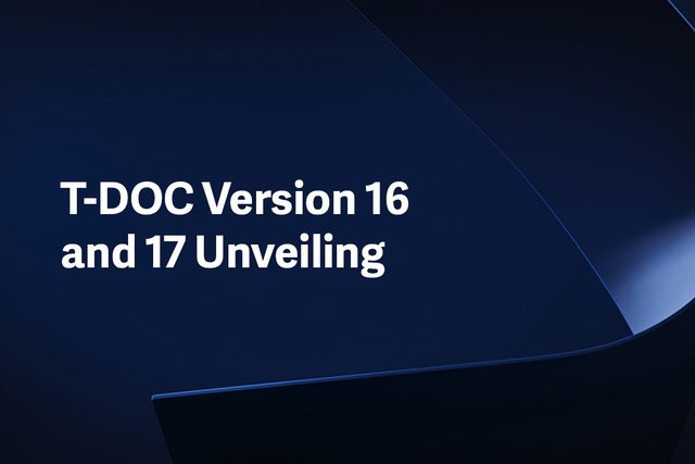 Text reads T-DOC Version 16 and 17 Unveiling on a dark blue abstract background.