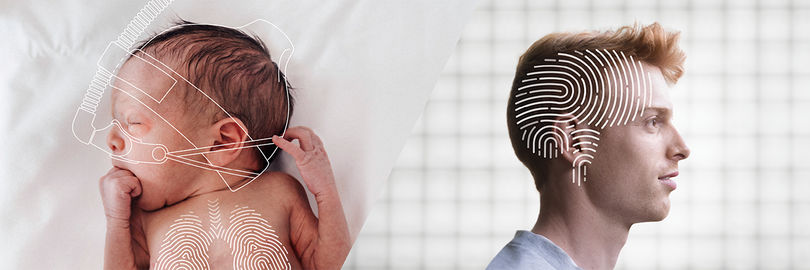 An infant with medical lines and fingerprint overlay on the left, and an adult man with a fingerprint on his head symbolizing NAVA ventilation.