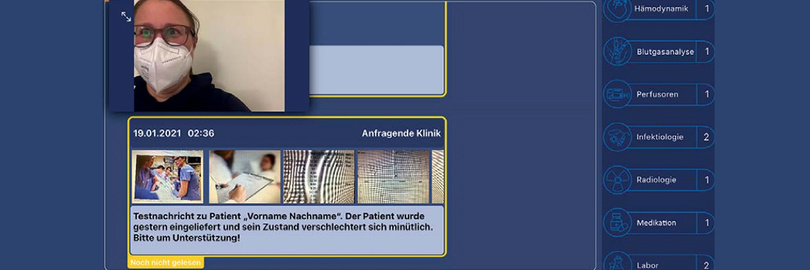 Eine Person mit Maske in einem Videoanruf neben einem medizinischen Dashboard mit Benachrichtigungen und Text auf Deutsch.