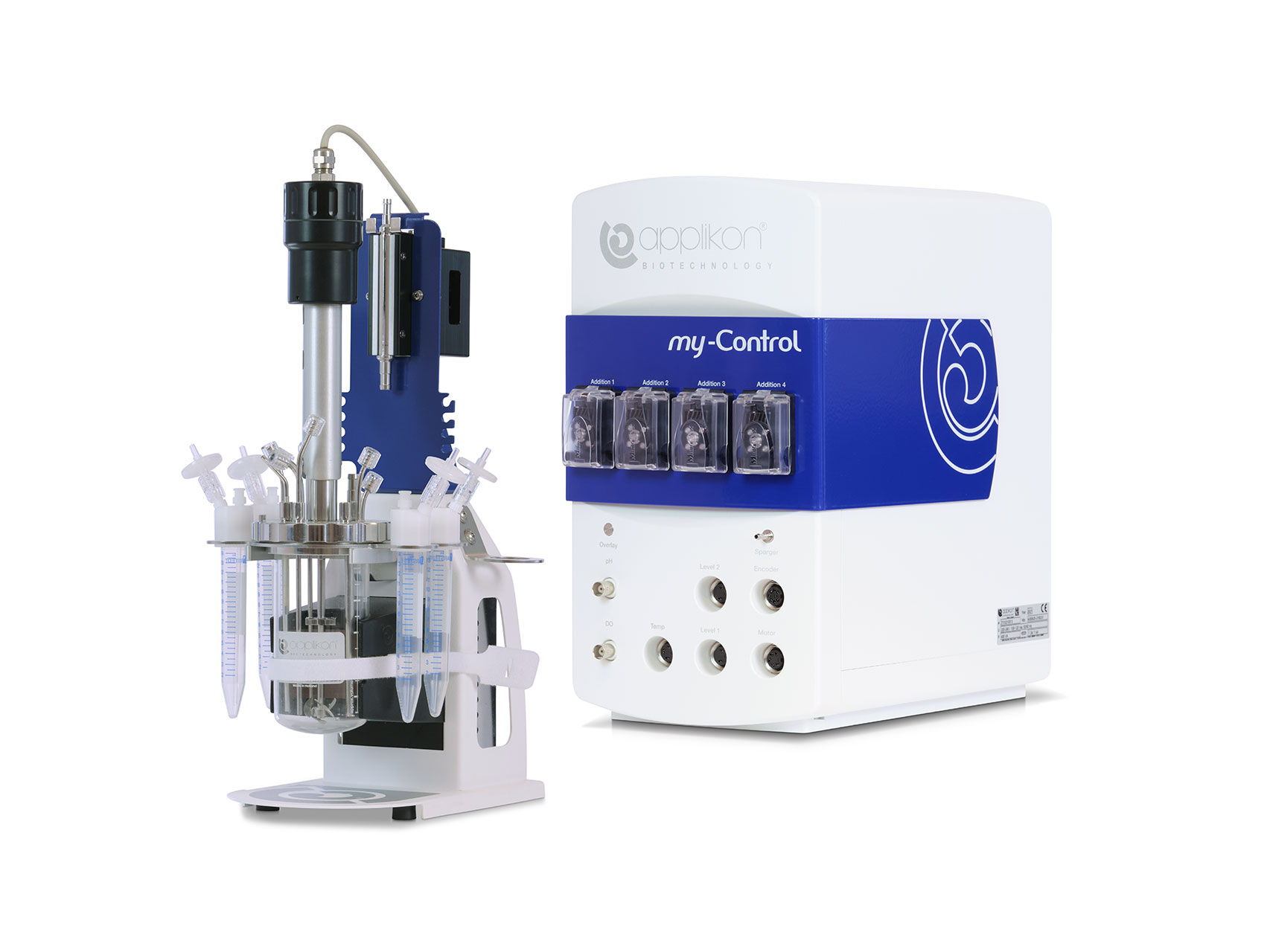 The Applikon miniBio system consisting of stirred tank bioreactor, controller and sensors