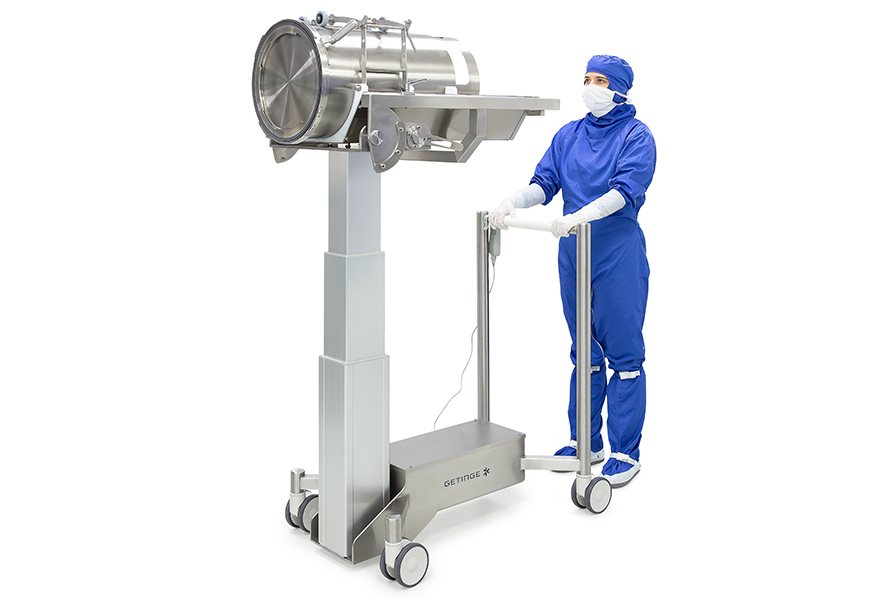 An operator using the DPTE® Transfer Trolley to lift a 350 stainless steel DPTE® Beta Container An operator using the DPTE® Transfer Trolley to lift a 350 stainless steel DPTE® Beta Container