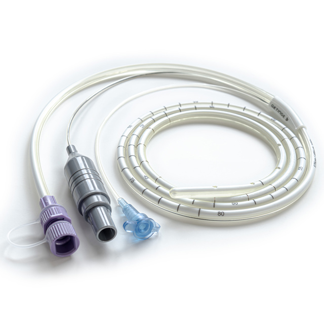 Close up image of Edi catheter ENFit 16FR/125cm tightly wound into a spiral shape