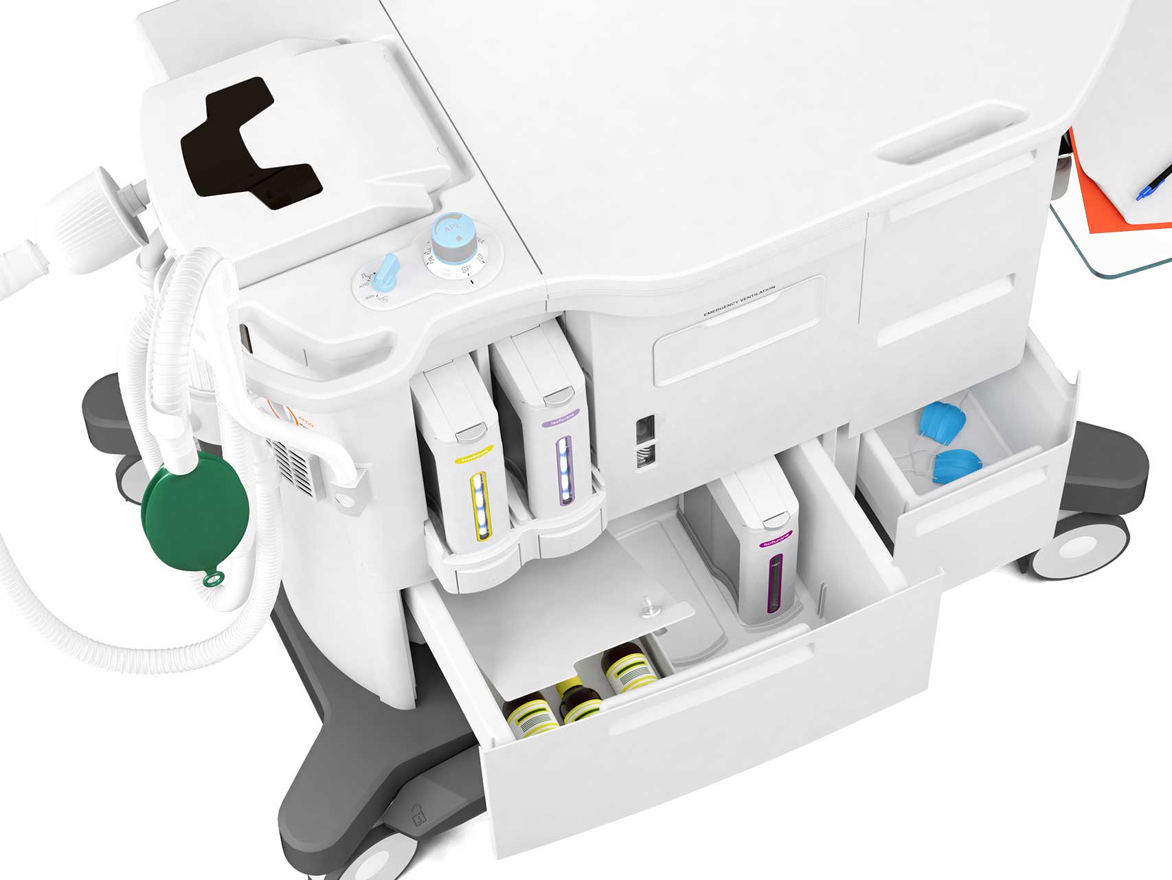 Getinge Flow-e anesthesia machine is our extended model with a larger worktop and more storage space