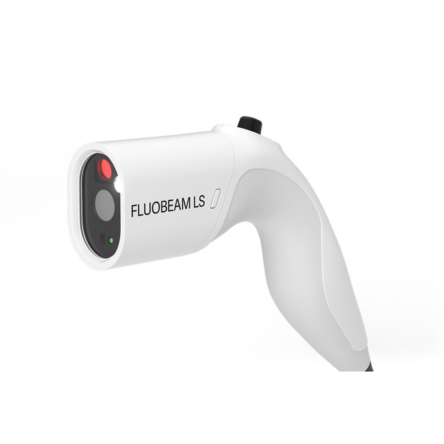 Fluobeam LS near‑infrared fluorescence imaging camera by Getinge, white handheld medical device on white background.