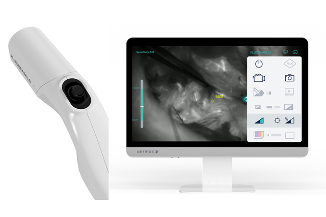  A close-up of the Fluobeam fluorescence imaging camera by Getinge, with a focus on the software interface