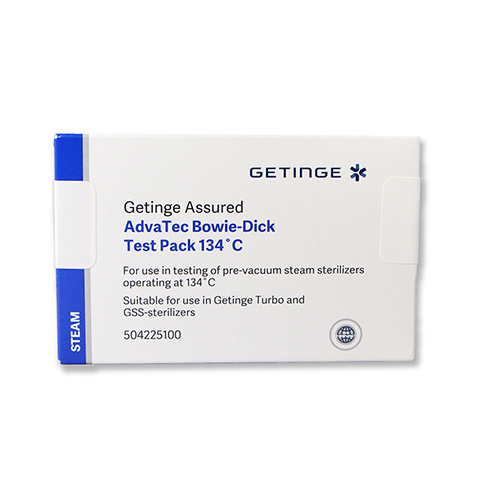 Getinge Assured AdvaTec Bowie-Dick Test is for daily monitoring of pre-vacuum steam sterilizers operating at 134C