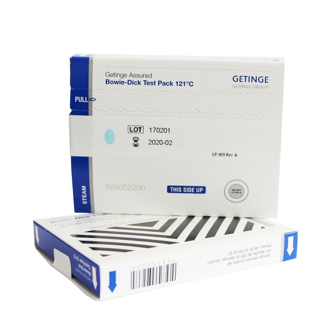 Getinge Assured Bowie-Dick Test Pack 121 is for daily monitoring of steam sterilizers operating at 121C
