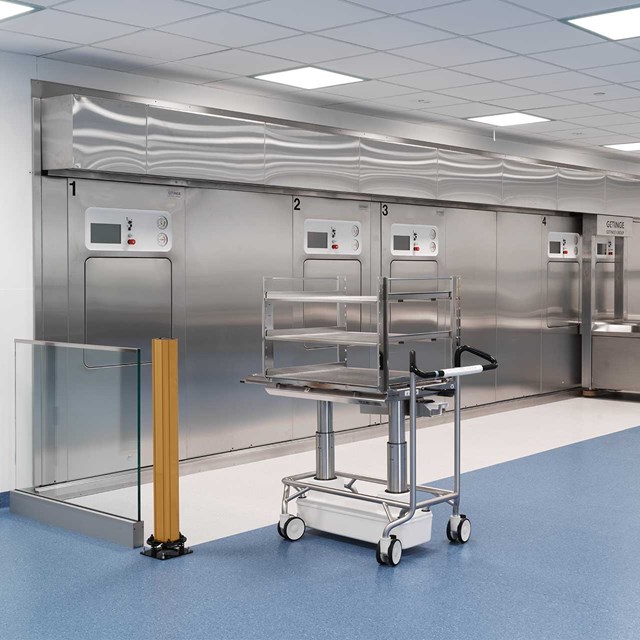 The shuttle automatically picks up the next rack and delivers it to the available sterilizer