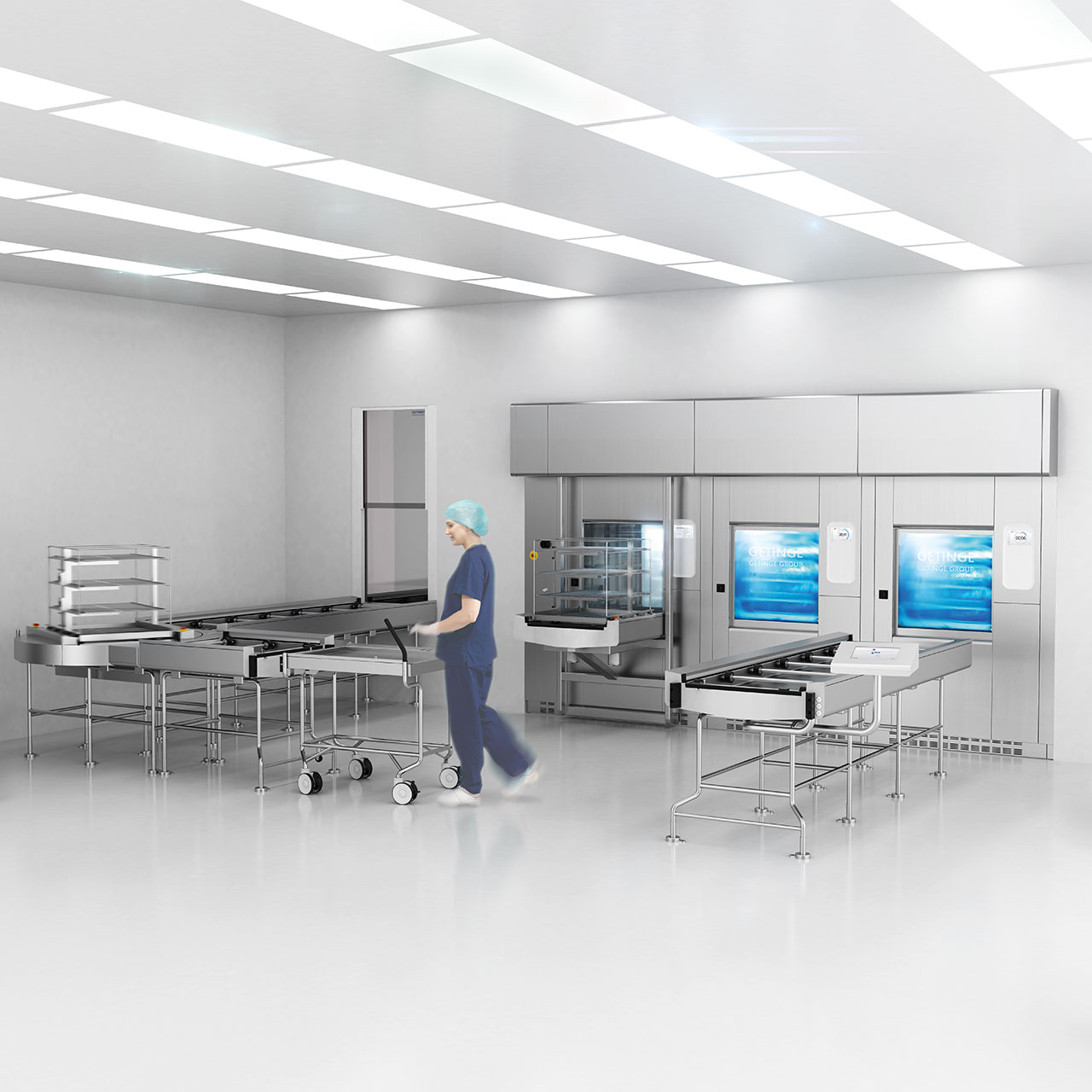 Fully automatic and highly flexible loading and transport system for 3-10 washer-disinfectors