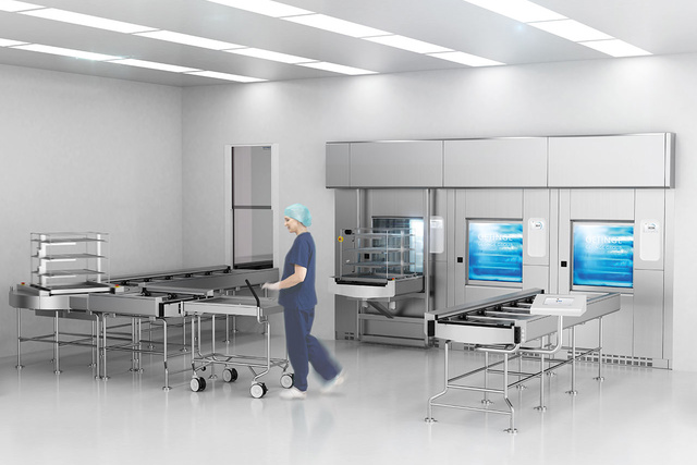 Fully automatic and highly flexible loading and transport system for 3-10 washer-disinfectors