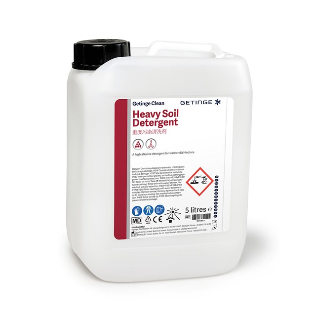Getinge Clean Heavy Soil Detergent is a stronger alkaline-based cleaner for heaviliy soiled dried items.