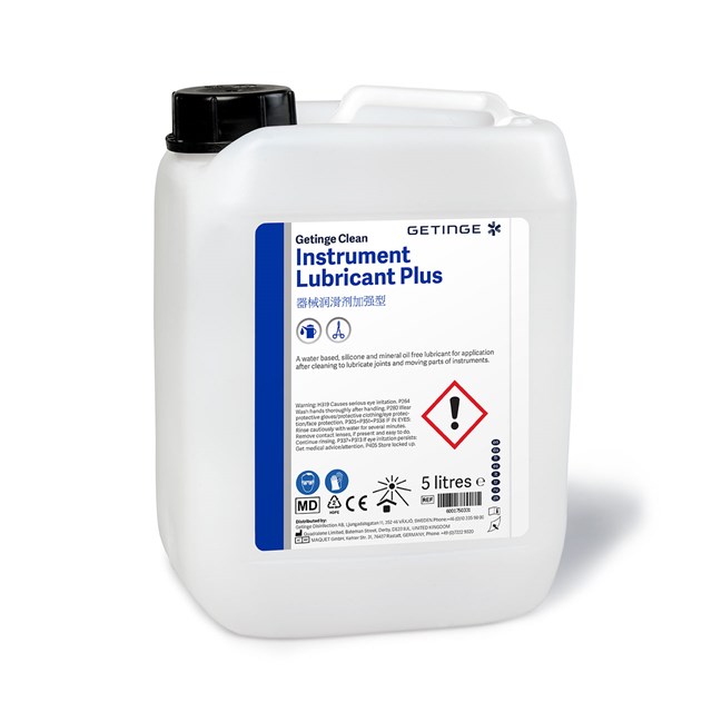 Getinge Clean Lubricant Plus is for both manual and automated lubrication of instrument box joints and moving parts.
