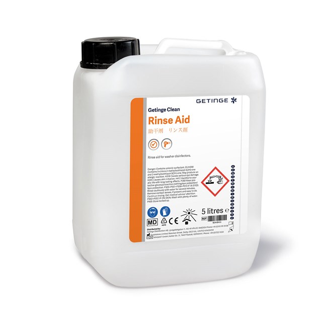 Getinge Clean Rinse Aid is an anti-scaling, surfactant-based, rinse additive used in the final rinse to help drying.