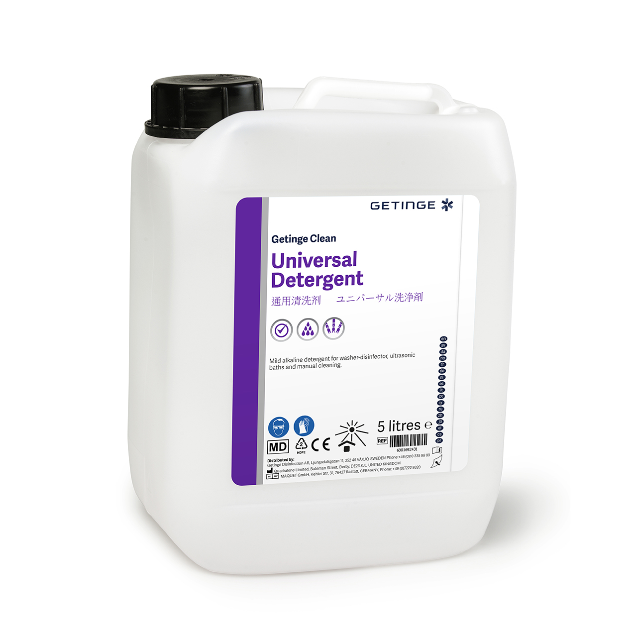 Getinge Clean Universal Detergent is a mild low foaming, non-abrasive, alkaline based cleaner.