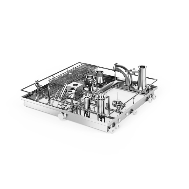 Custom wash rack for cleaning parts from cosmetic production