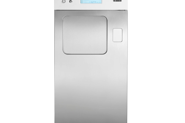 A stainless steel industrial washing machine with a digital display and control buttons on a white background.
