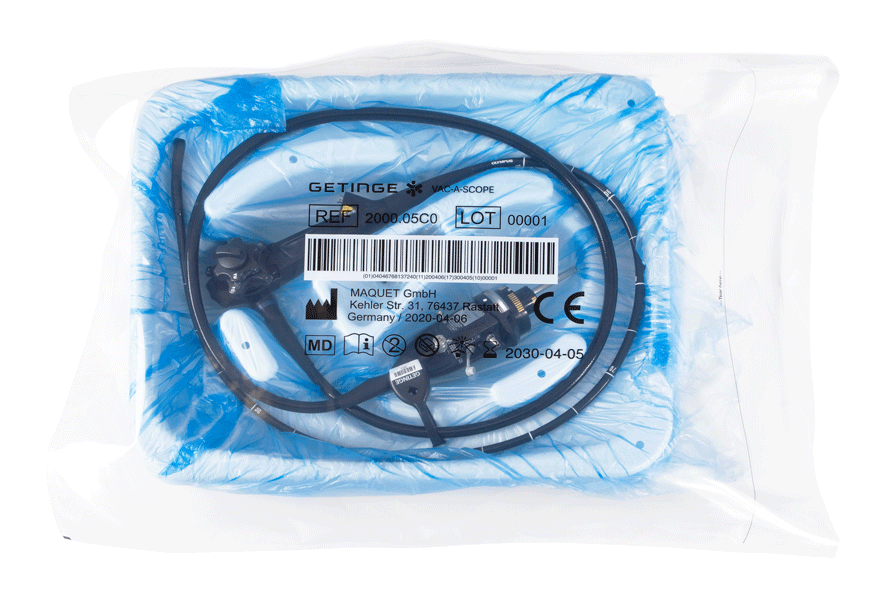 Endoscope in vacuum bag and large moulded tray with liner for vac-a-scope Endoscope in vacuum bag and large moulded tray with liner for vac-a-scope