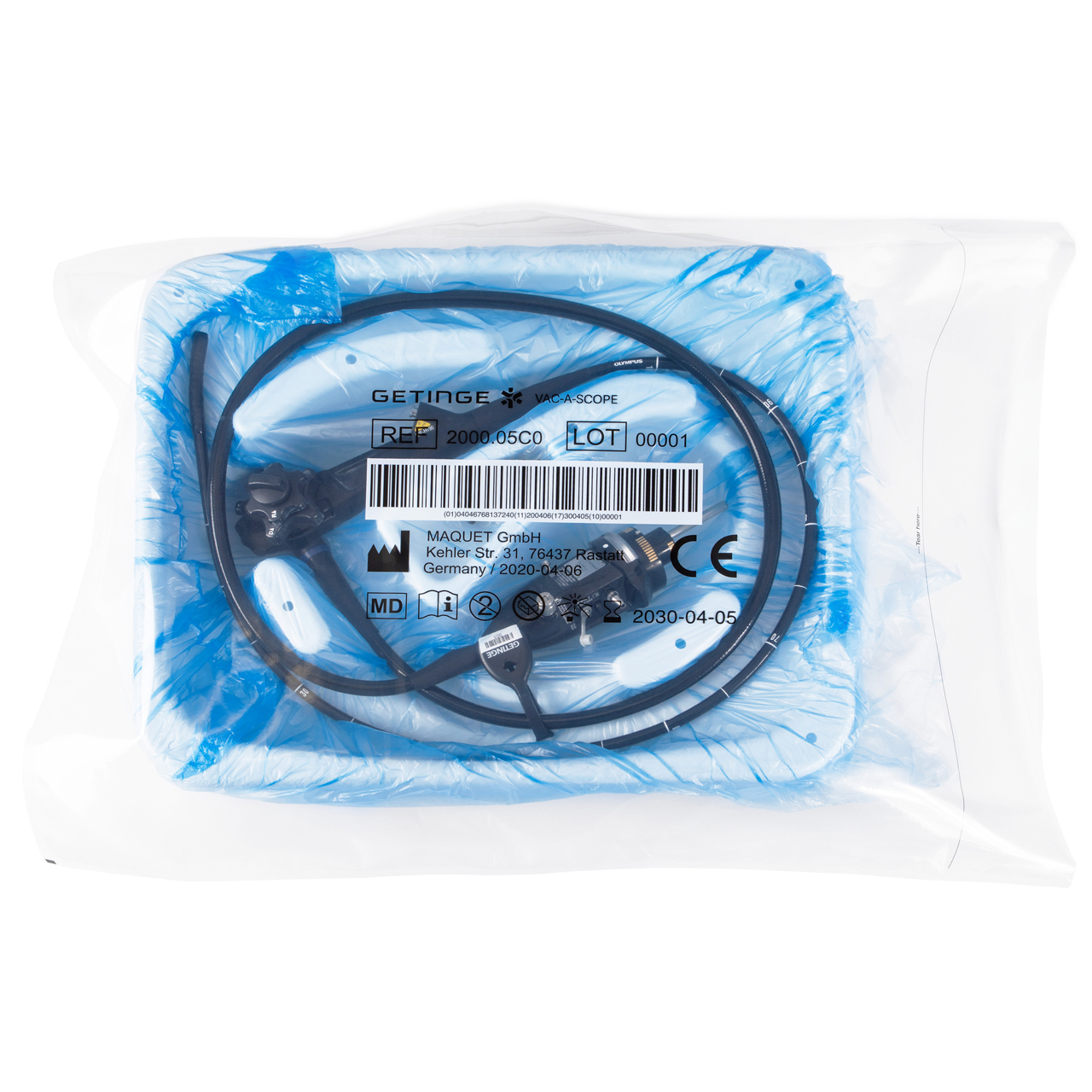 Endoscope in vacuum bag and large moulded tray with liner for vac-a-scope