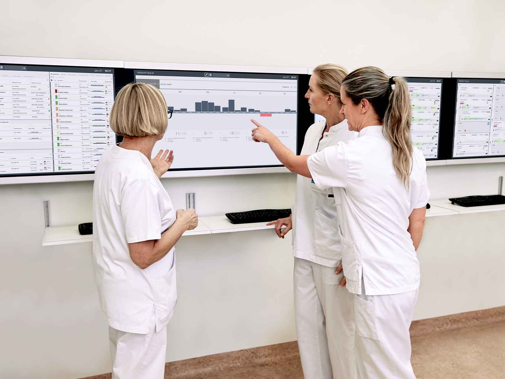 Nurses discuss bed capacity based on patient flow forecasts on screens from the INSIGHT patient flow management solution