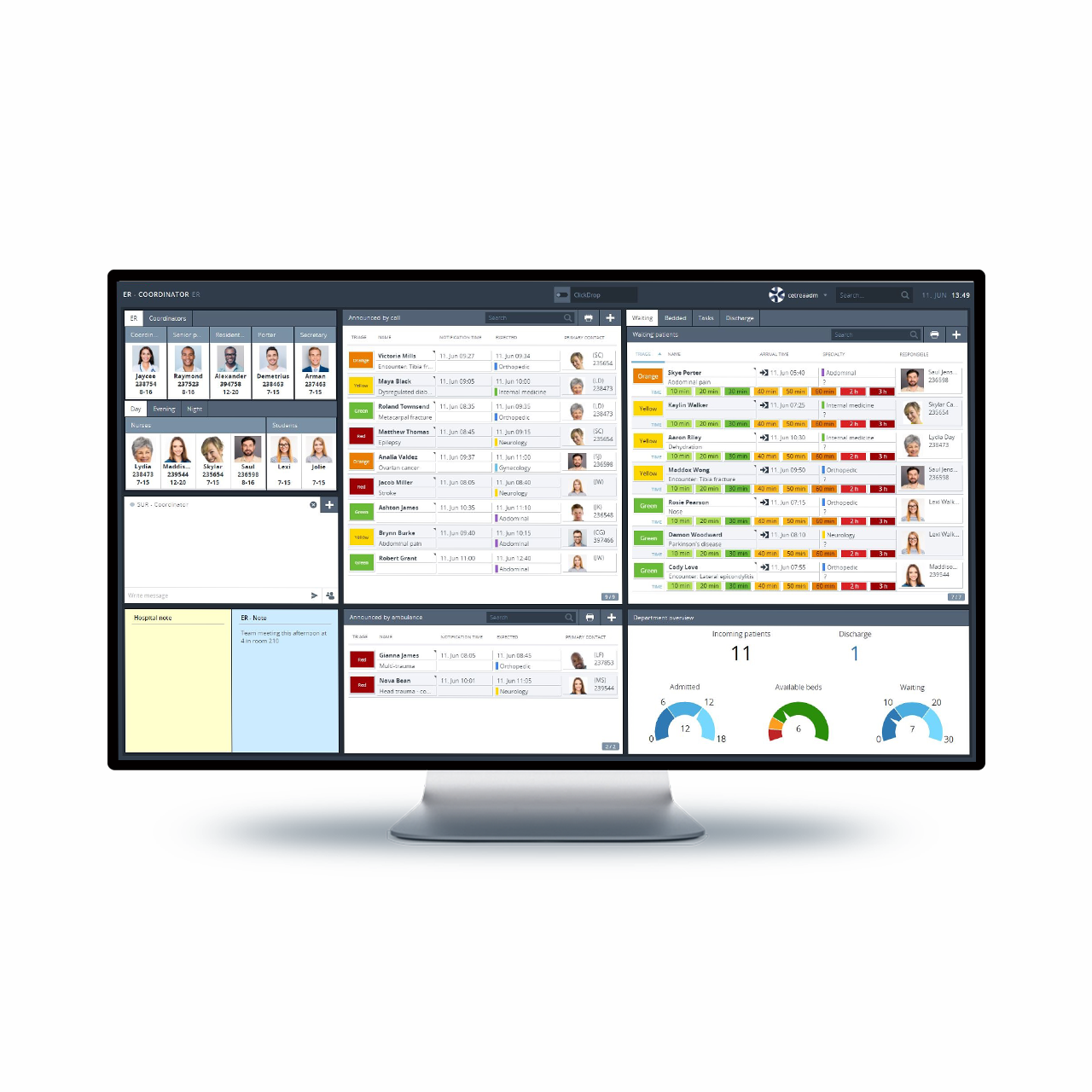 Emergency coordinator screen from INSIGHT the patient flow management solution from Getinge