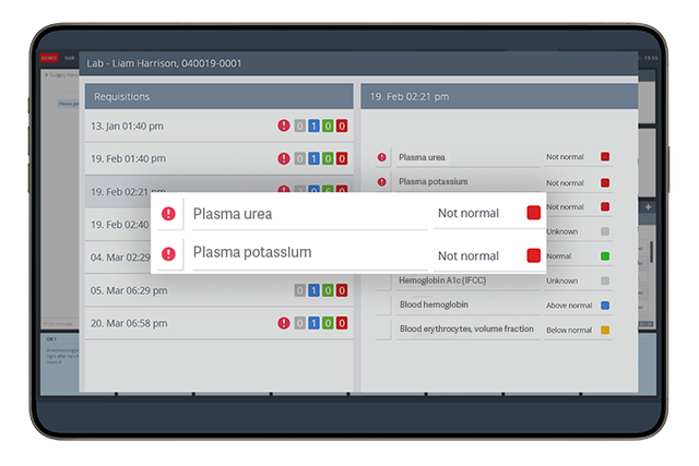 INSIGHT screen on an tablet displaying lab results 