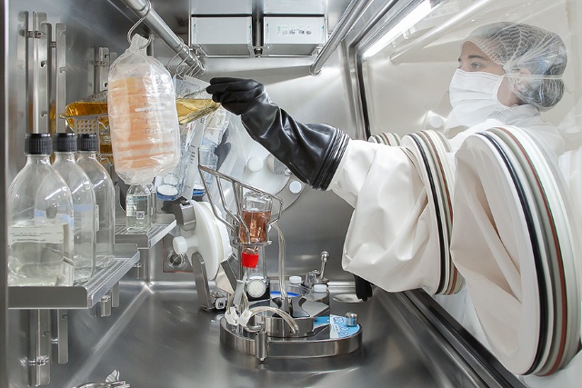 An operator performing sterility testing in an ISOFLEX isolator.