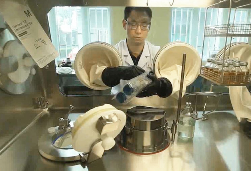An operator performing sterility testing in an ISOTEST isolator