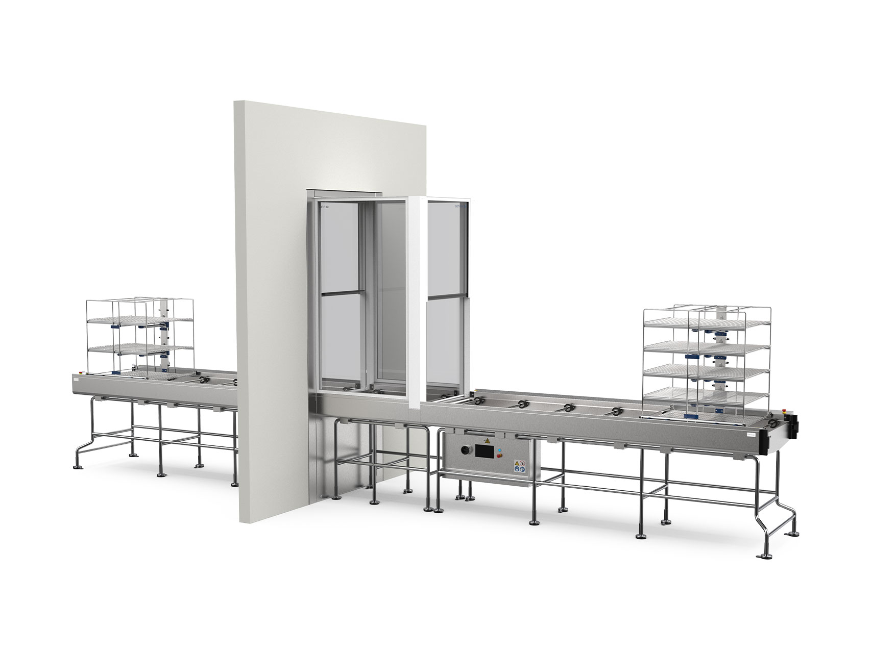 Pass-through chamber with loading and unloading conveyors for Getinge 86-series Washer-Disinfectors