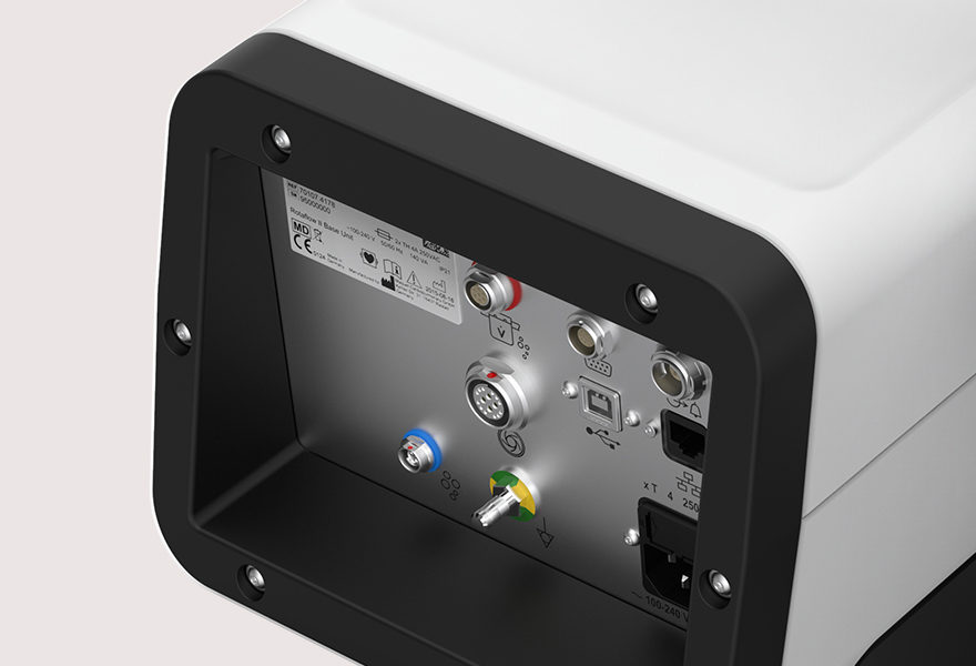 Getinge Rotaflow II interfaces to external devices with an alarm outlet connection, serial ports and Ethernet.