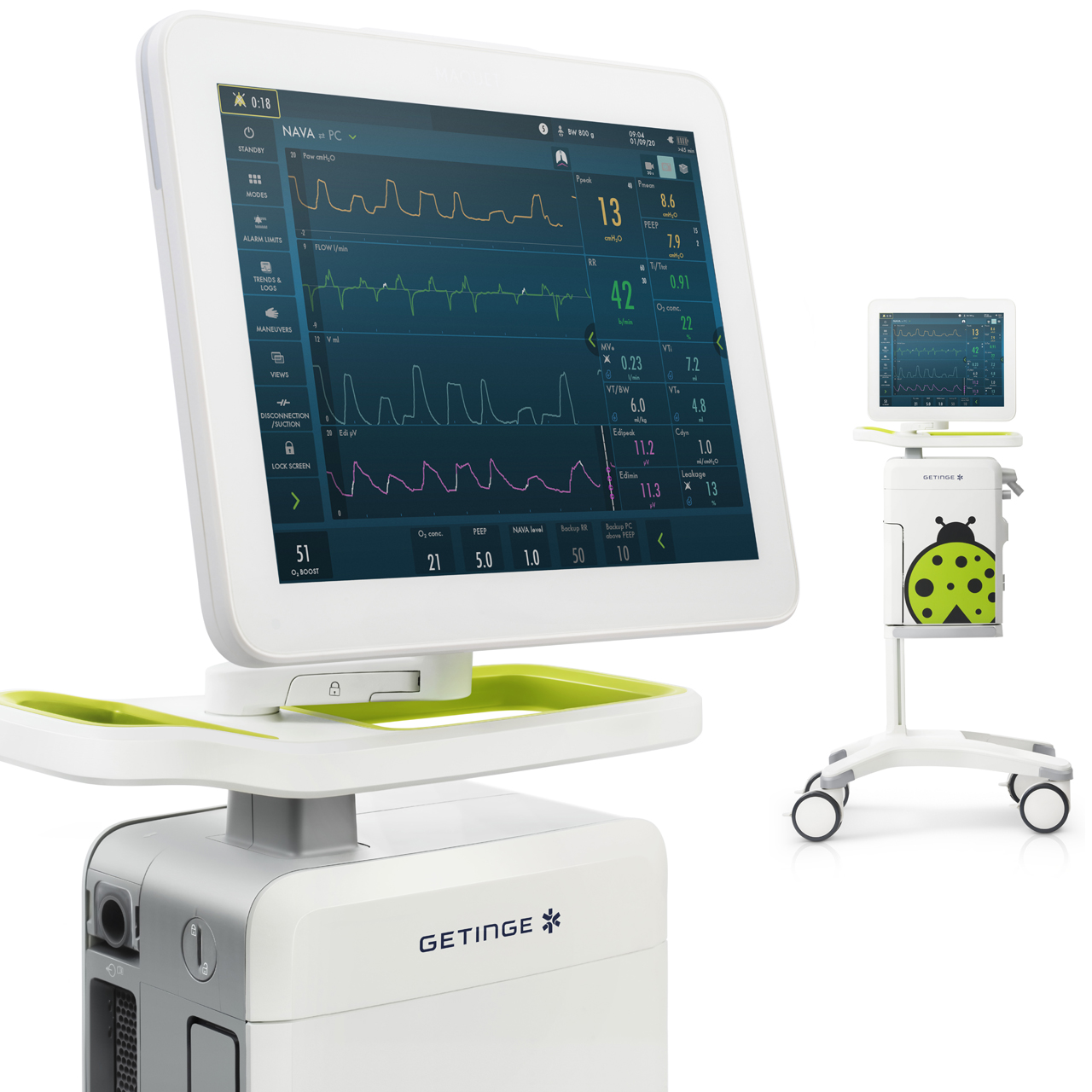 Getinge Servo-n mechanical ventilator screen showing NAVA ventilation mode and the vital sign of respiration the Edi signal