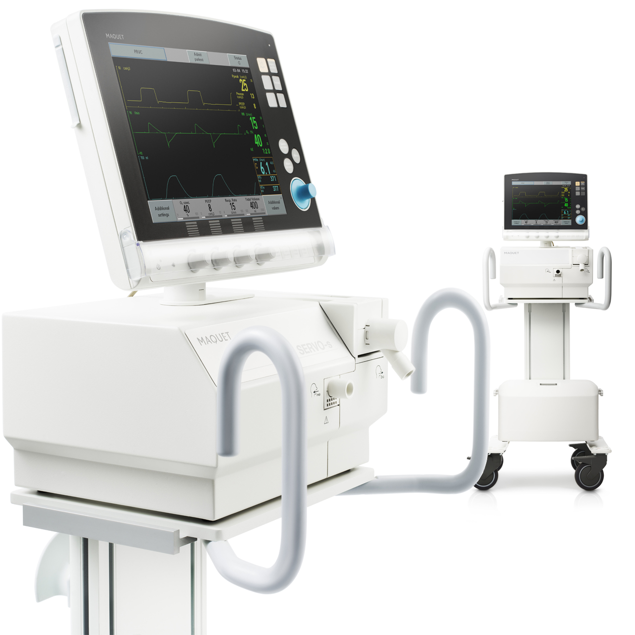 Getinge Servo-s mechanical ventilator screen showing PRVC ventilation mode