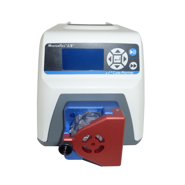 The Swissinnov NaoStedi Piston Pump system, showing the white control unit connected to the blue and red disposable pump head.