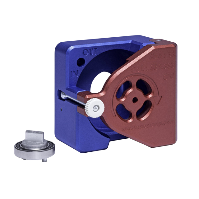 Disassembled view of the Swissinov NaoStedi Piston Pump head, featuring the blue disposable manifold and the red retaining arm used for quick setup.