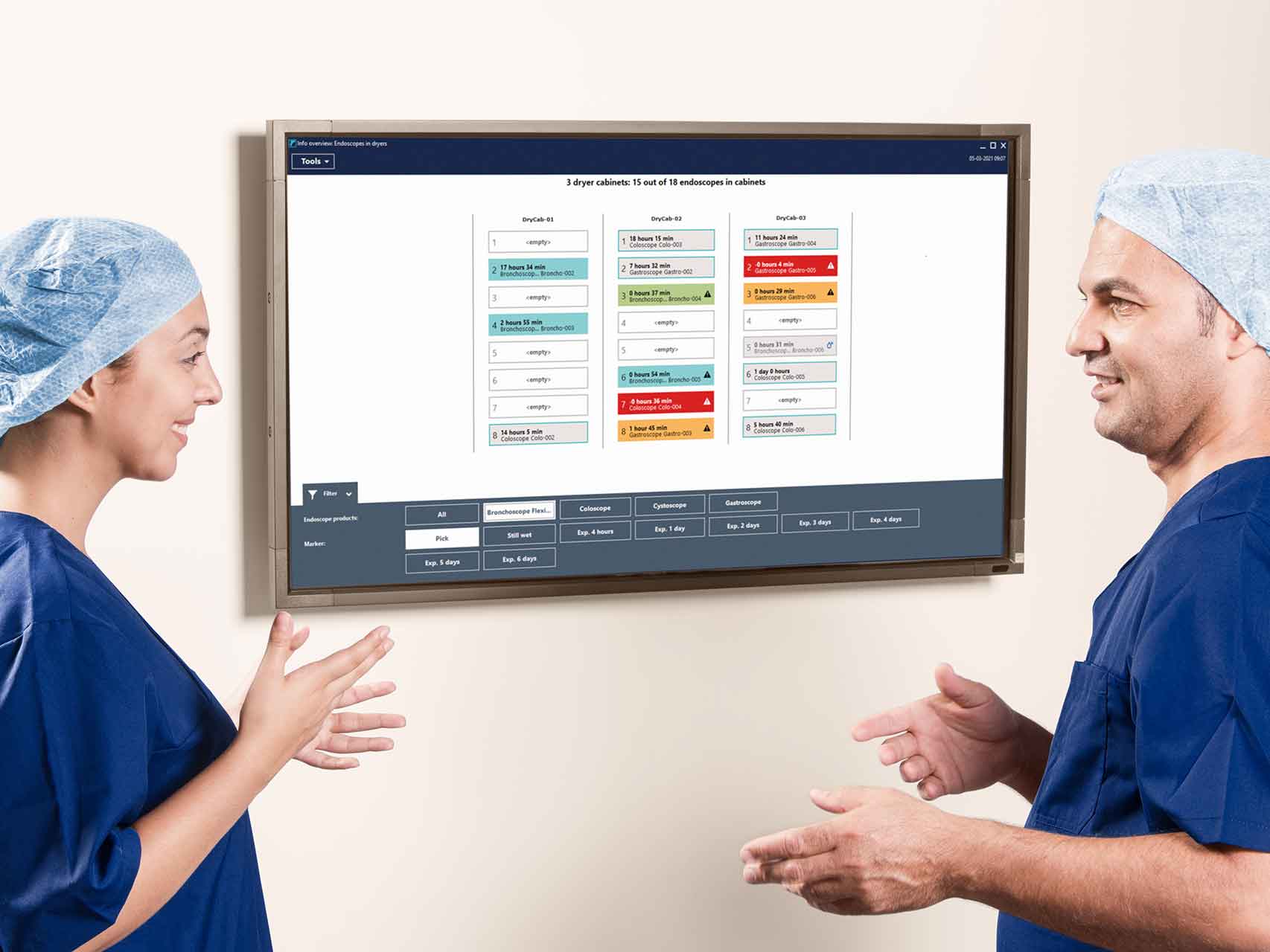 T-DOC Endo provides full overview of endoscopes, their status and placement in drying and storage cabinets T-DOC Endo provides full overview of endoscopes, their status and placement in drying and storage cabinets
