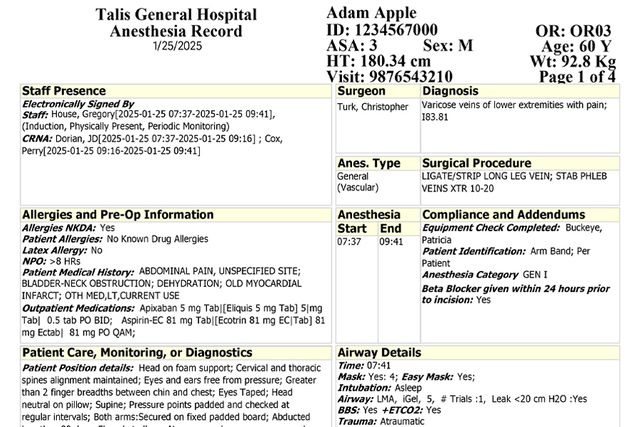 Talis Anesthesia Anesthesia Record