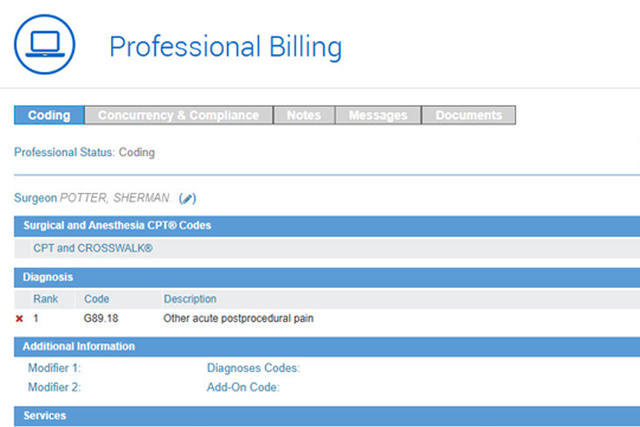 Screen showing Talis Anesthesia Billing Support