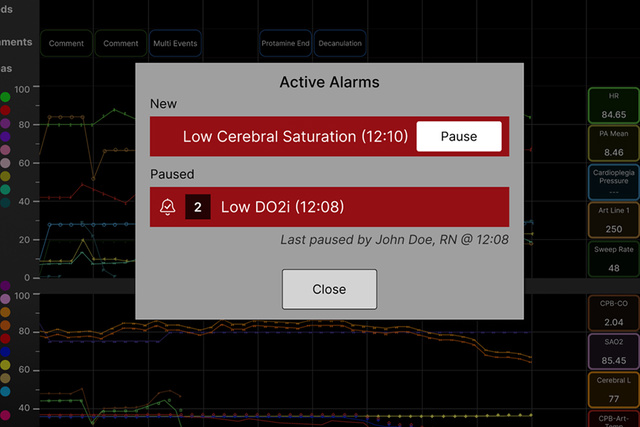 Talis screen close up showing active alarms