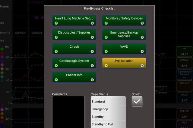 Talis screen close up showing pre-bypass checklist