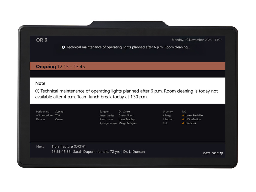 Digital door sign from Getinge, SmartVíew, shows a interface with customizable pop-up infobox