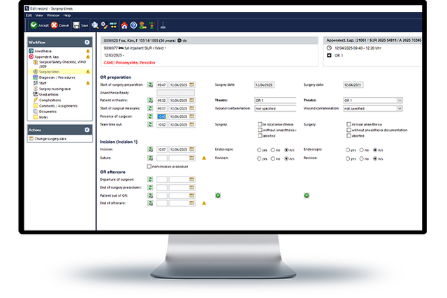Torin screen showing parts of the surgery documentation 
