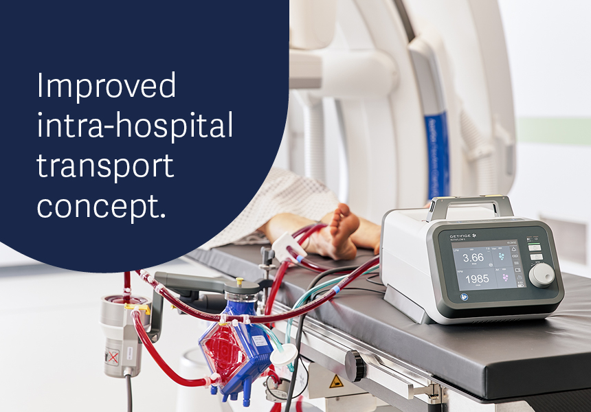 Medical equipment and a patient on a hospital bed with text Improved intra-hospital transport concept.