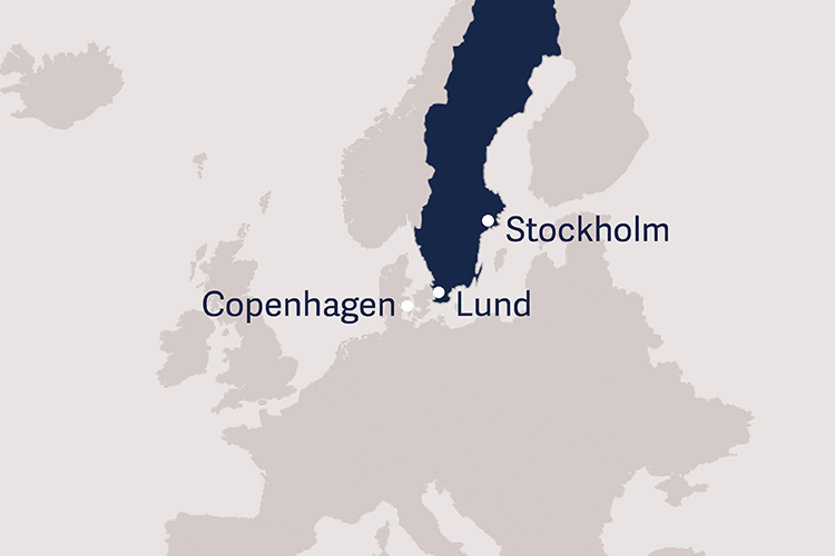 Map of Europe highlighting the cities of Lund and Stockholm the origins of Servo mechanical ventilator development in Sweden 